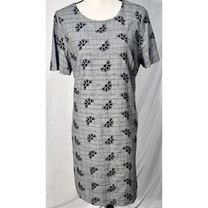 Ann Taylor Shift Dress Gray Plaid Embroidered Floral Short Sleeve Navy Blue